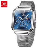 OLEVS 9914 Men's Watches Original Fashion Quartz Wristwatch Mesh Steel Waterproof Luminous Moon Phase Chronograph Square Watch